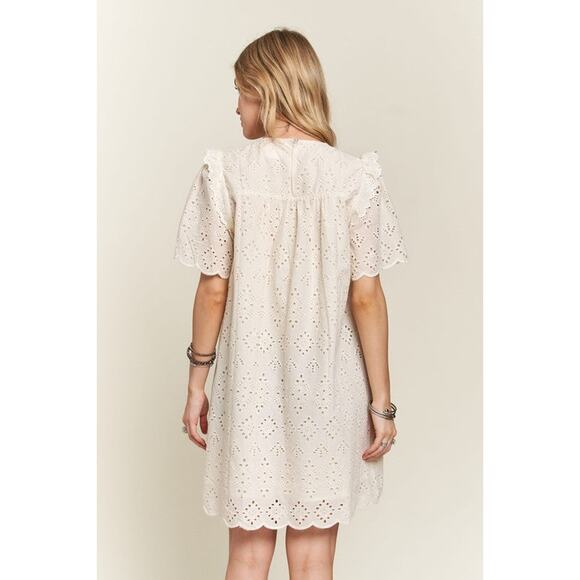 ADORA Ruffle Shoulder Eyelet Round Neck Scallop Edge Detail Mini Dress | Natural - Picture 2 of 8
